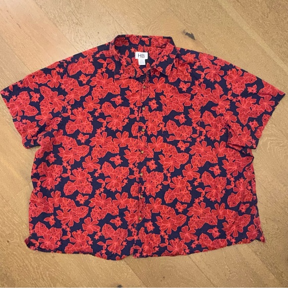 HB Other - HB Mens 4XL Floral Button Down Shirt Red Navy Tropical Hibiscus Short Sleeve